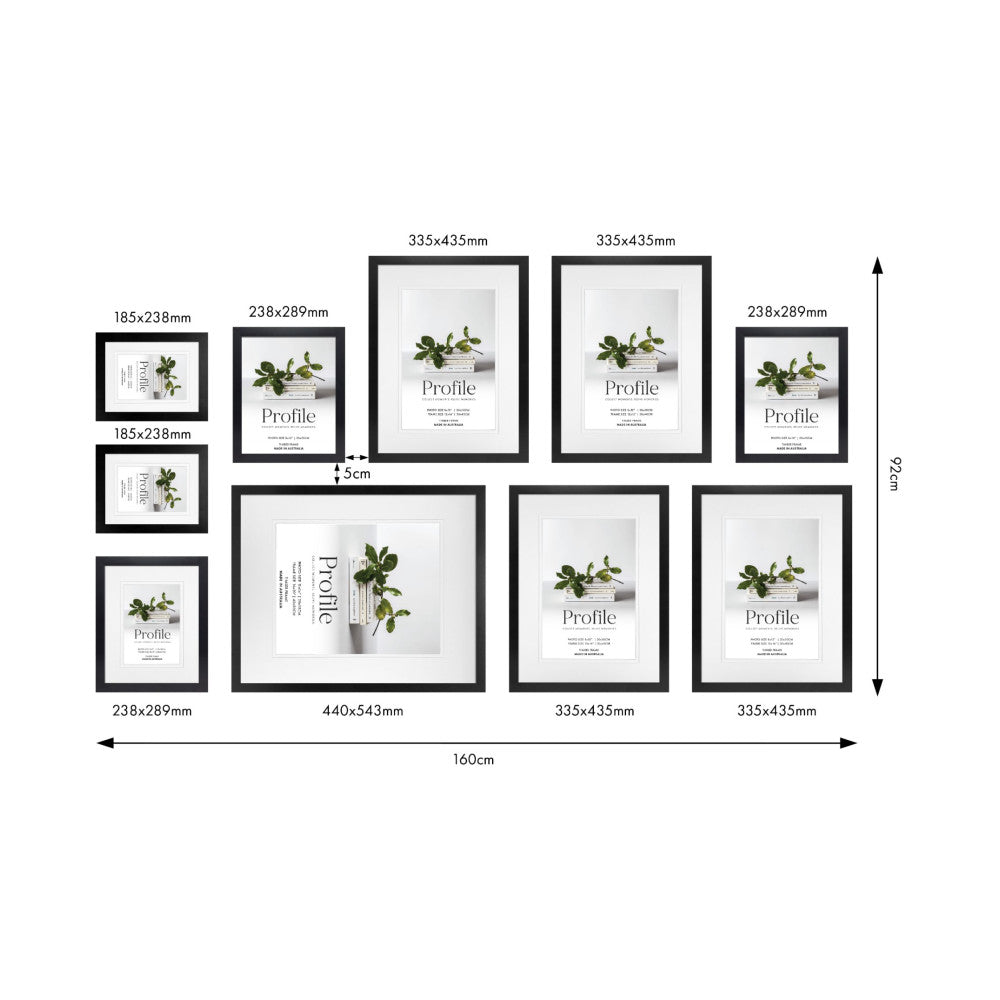 Overhead layout diagram showing 10 black frames of various sizes arranged in a gallery wall configuration with dimensions labeled.