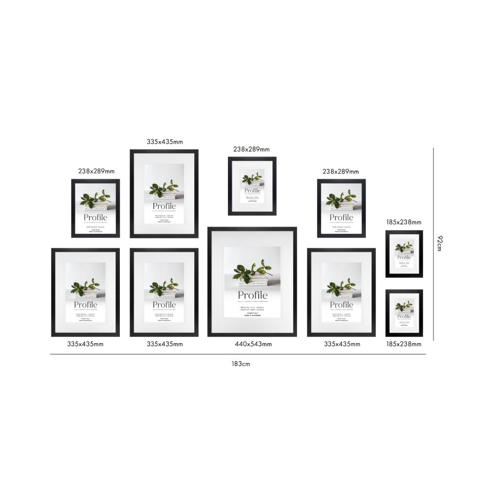 Flat lay of ten black frames arranged in a gallery wall layout with dimensions labeled, displaying "Profile" branded botanical artwork.