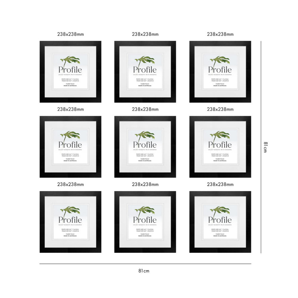 Nine black square frames arranged in a 3x3 grid, each displaying a white mat with "Profile" branding, shown with dimensions of 238x238mm per frame and 81cm total width.