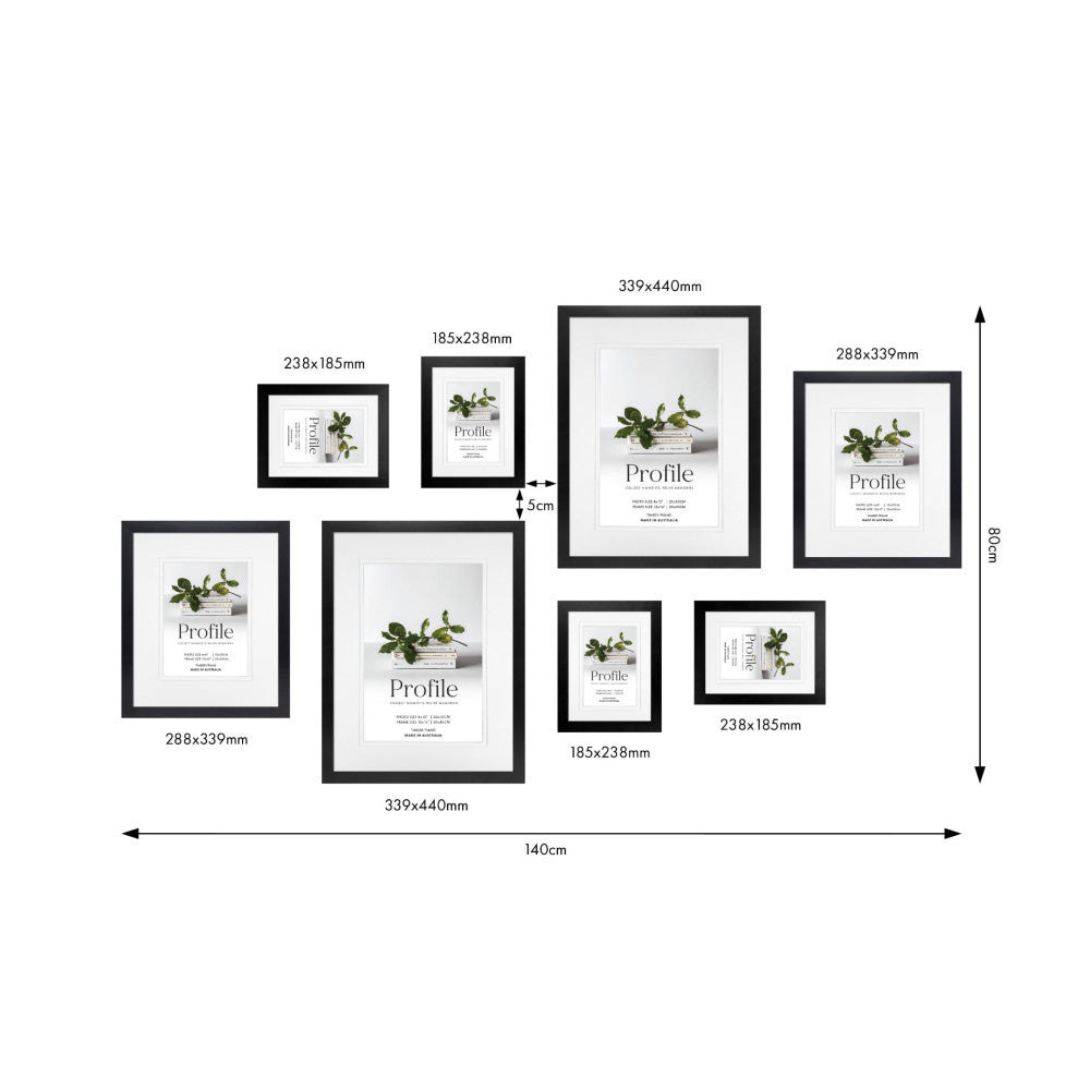 Flat lay diagram showing 8 black frames in various sizes with dimensions labeled and overall wall space measurements of 140cm wide by 80cm tall.