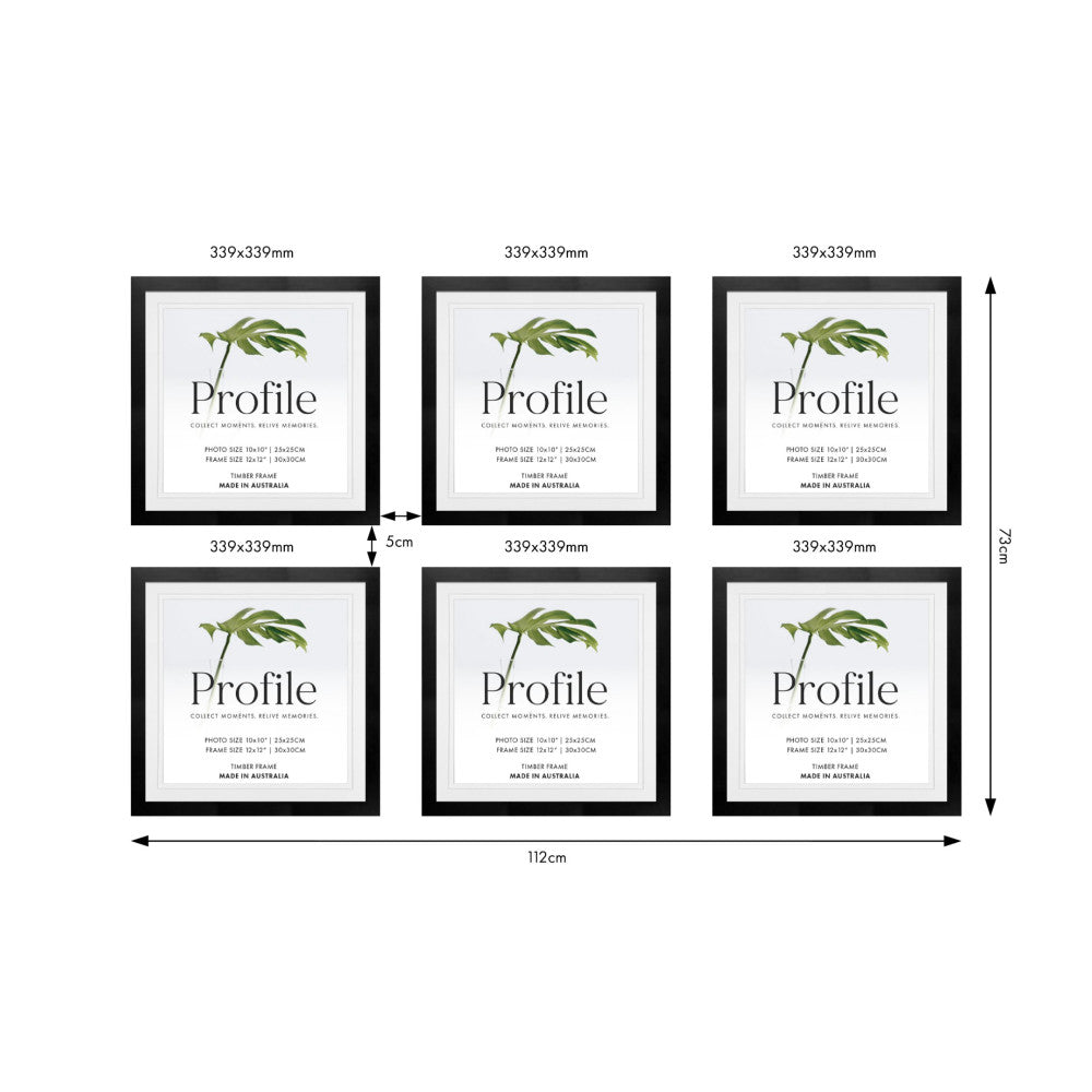 Overhead layout diagram showing six black Profile frames arranged in a 3x2 grid with spacing measurements and overall dimensions labeled.