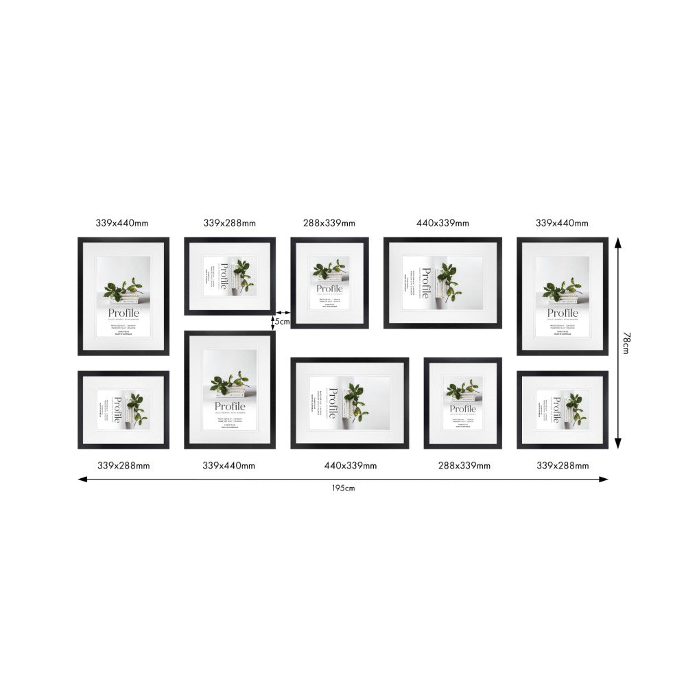 Overhead layout view of 10 black gallery frames with dimensions and spacing measurements displayed on white background.