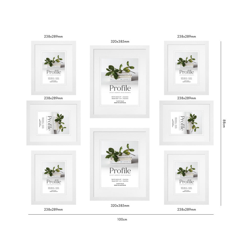 Flat lay layout showing six white Profile frames of varying sizes (238x289mm and 320x385mm) displaying botanical plant imagery against a white background with dimensions labeled.