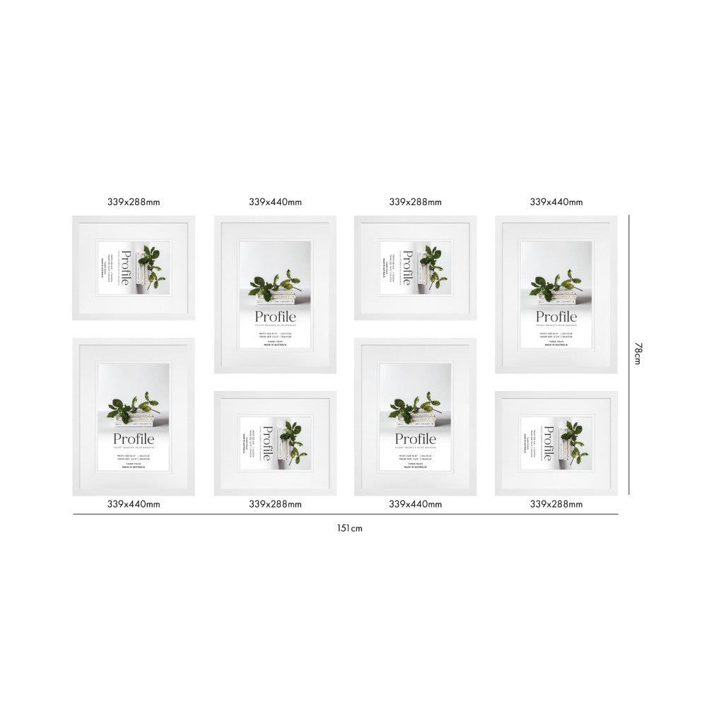 Eight white gallery frames displayed flat, showing dimensions and layout arrangement with plant imagery in various frame sizes.