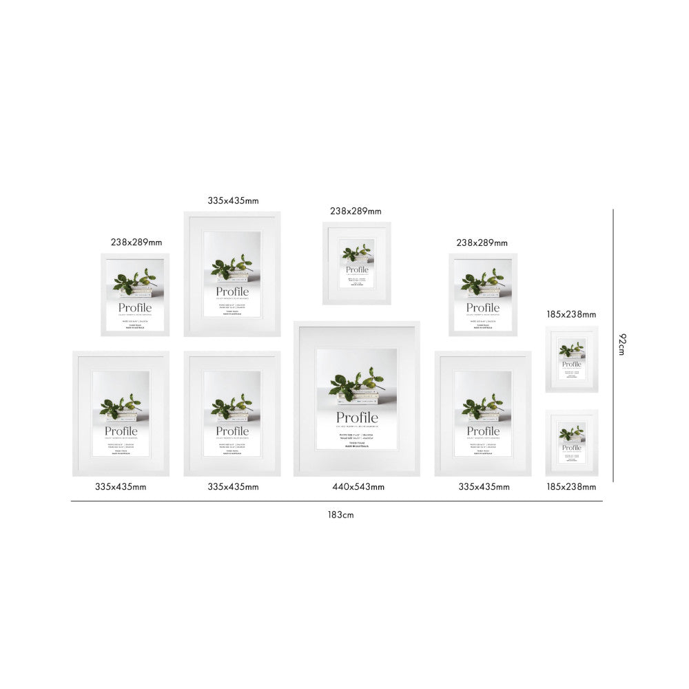 Size guide showing 10 white gallery frames arranged horizontally with dimensions labeled, total width 183cm.
