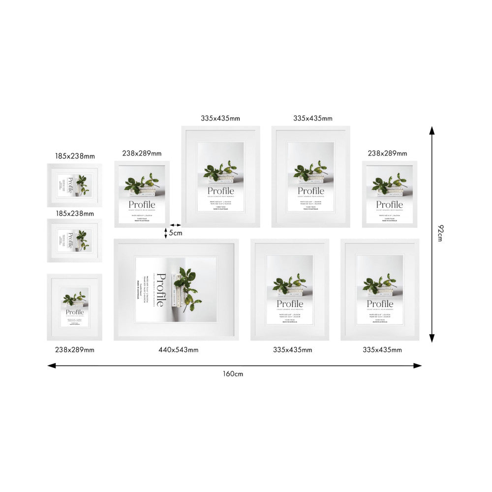 Overhead diagram showing 10 white gallery frames in various sizes arranged on a wall layout with dimensions labeled in millimeters and centimeters.