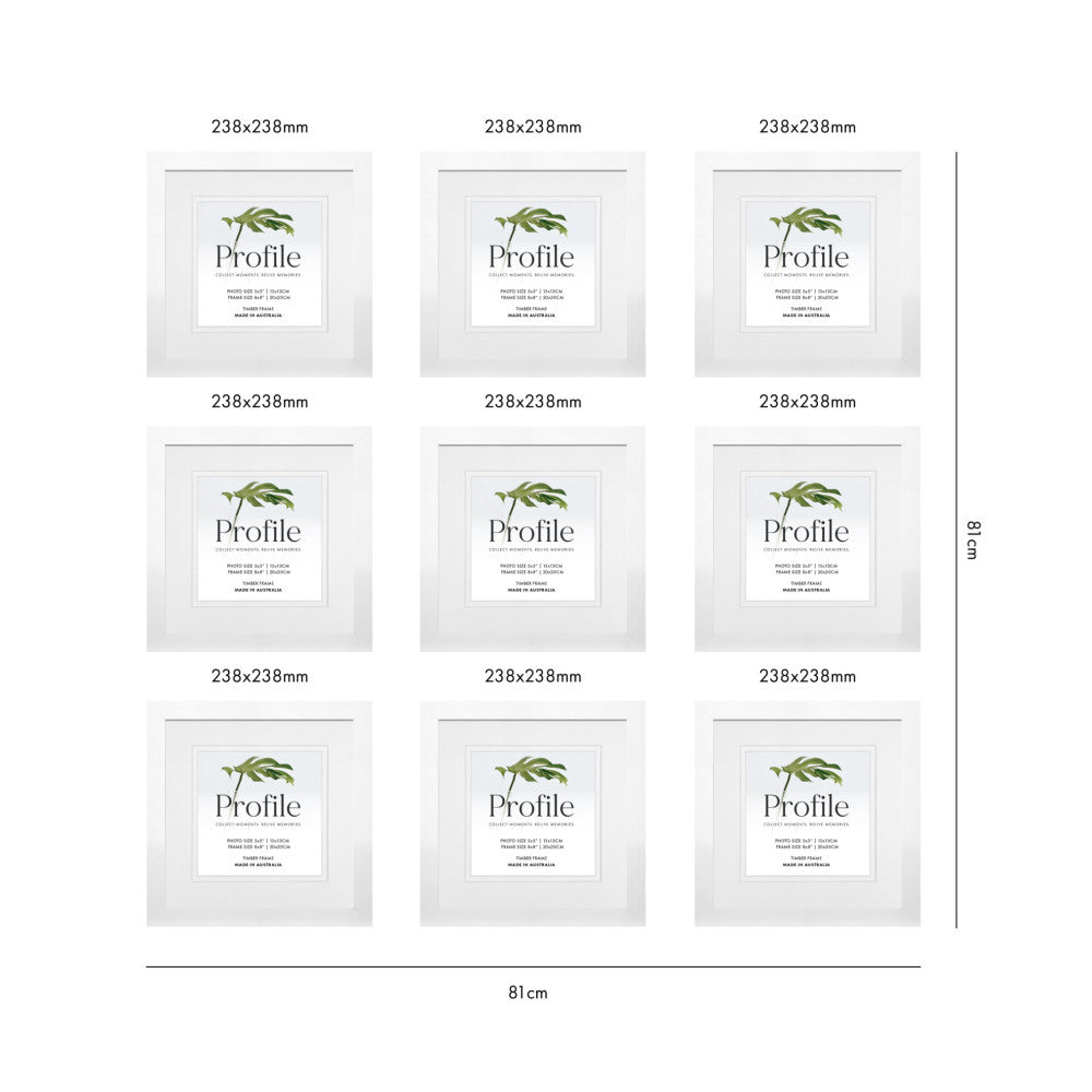 Layout diagram showing nine 238x238mm white gallery frames arranged in a 3x3 grid with overall dimensions of 81cm width by 81cm height.