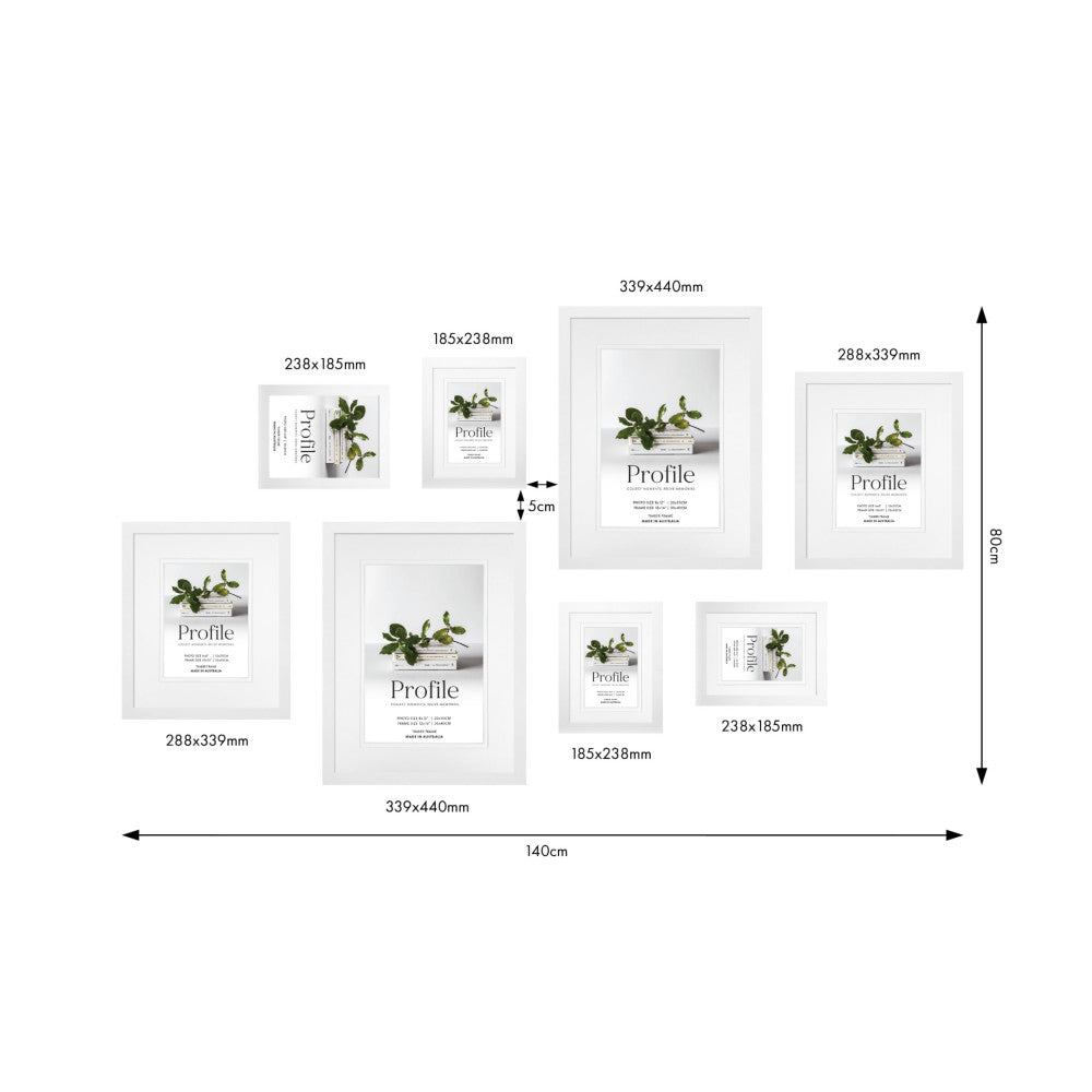 Size chart showing 8 white gallery frames with dimensions labeled, arranged on a flat surface with measurement grid.