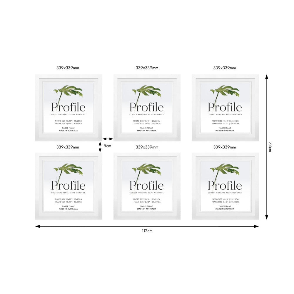 Flat layout diagram showing 6 white square frames arranged in 2 rows of 3, with dimensions and 5cm spacing marked between frames.
