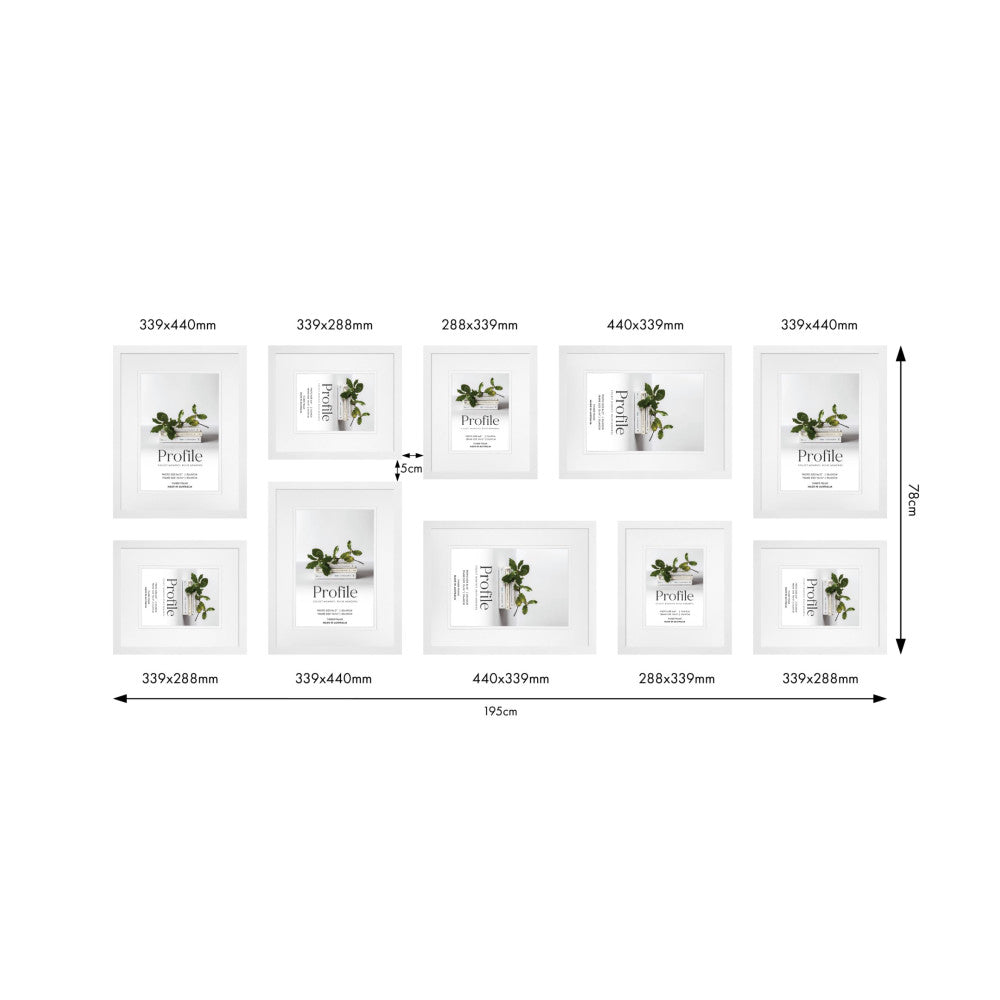 Top-down view of 10 white gallery wall frames arranged in a grid layout, showing various dimensions and spacing measurements.