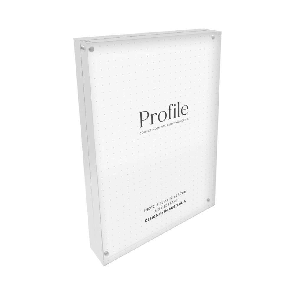 White acrylic photo block with "Profile" branding and dotted pattern, shown at an angled perspective view displaying the front and side edges with mounting hardware visible.