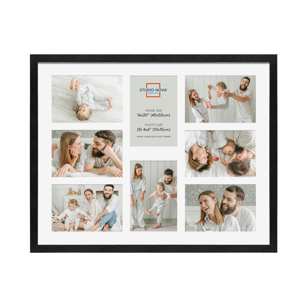 Front view of black wooden multi-photo frame displaying nine 4x6 inch family photos arranged in a grid layout on white matting.
