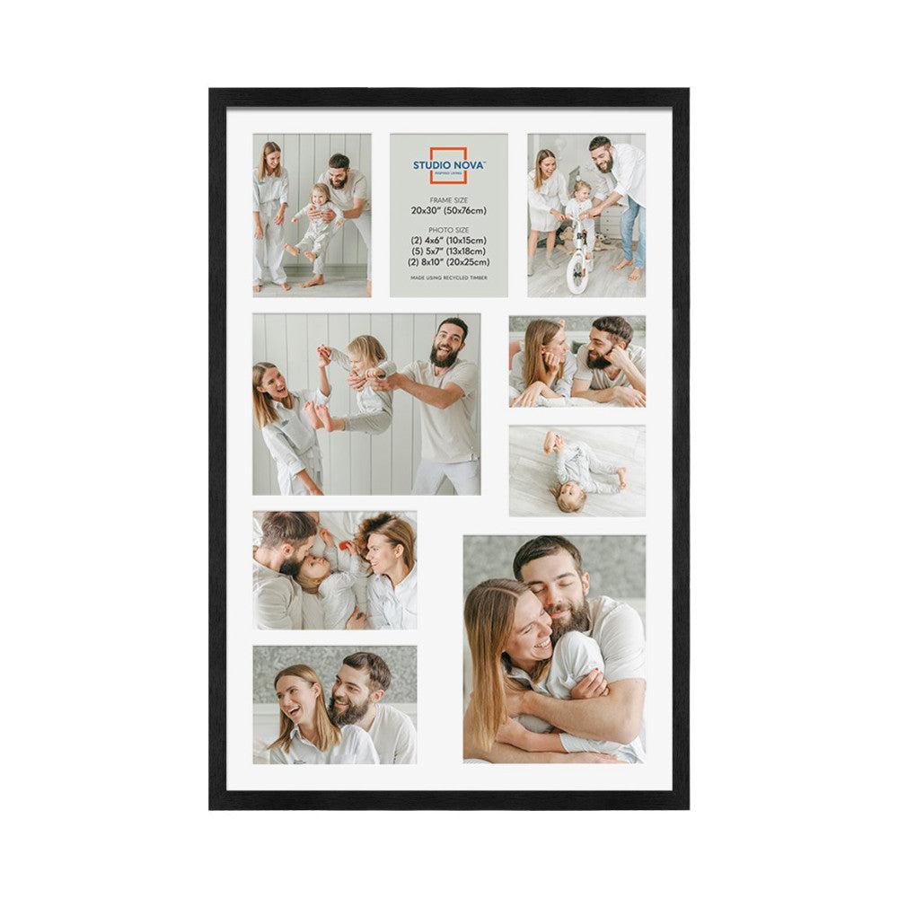Black 20x30 frame displaying nine family photos arranged in a collage layout, showing couples and children in casual white clothing against light backgrounds.