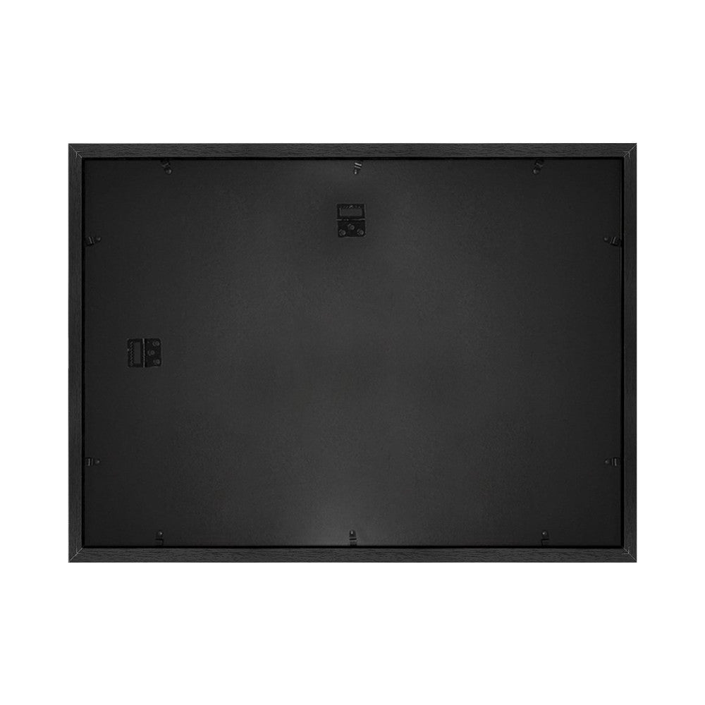 Rear view of a black wooden frame showing the backing, hanging hardware, and mounting brackets against a white background.