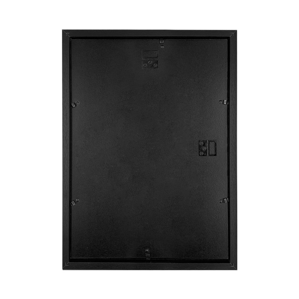 Rear view of a black frame showing the back panel, mounting hardware, and hanging fixtures against a white background.