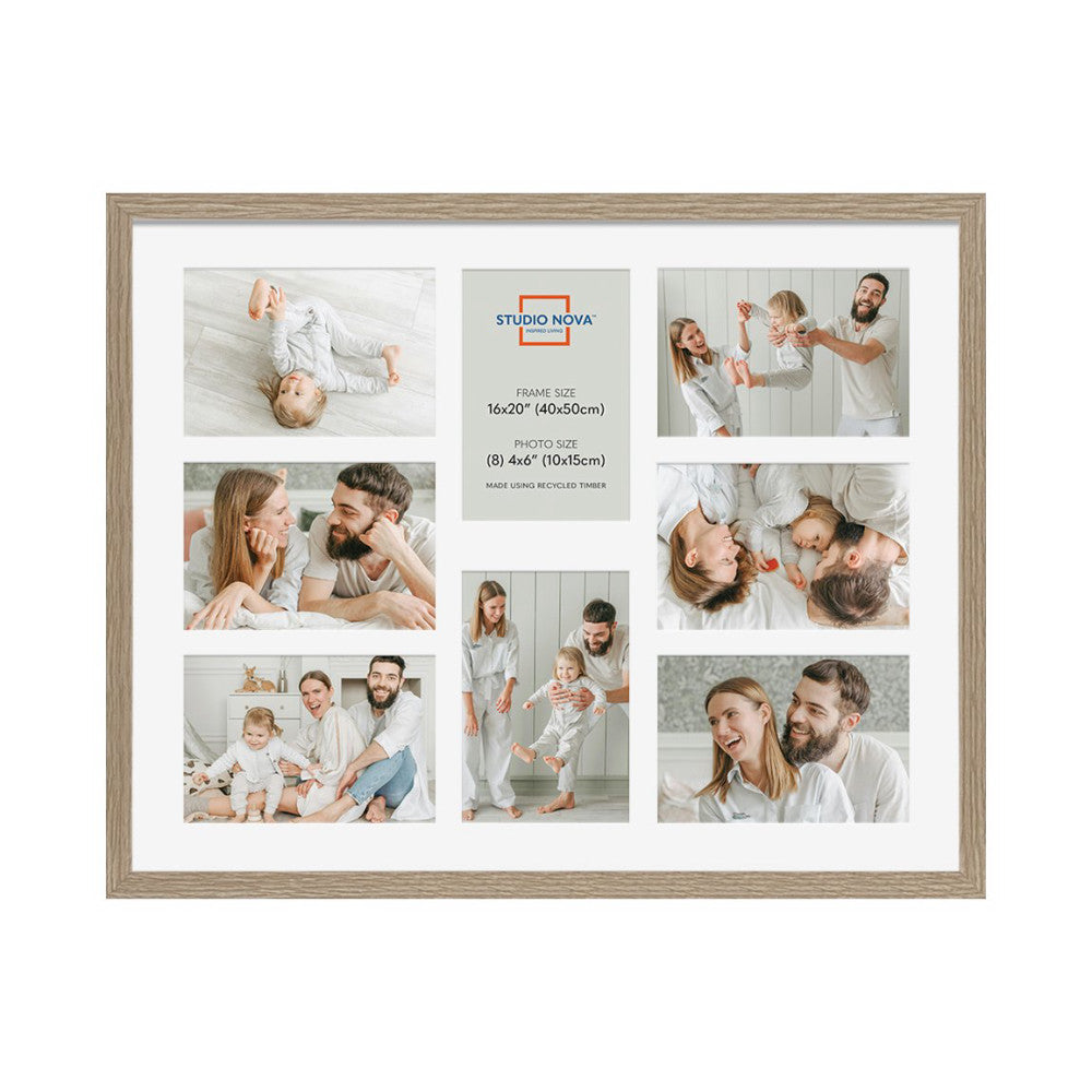 Front view of a wooden multi-photo frame displaying nine family photos arranged in a grid layout with white matting.