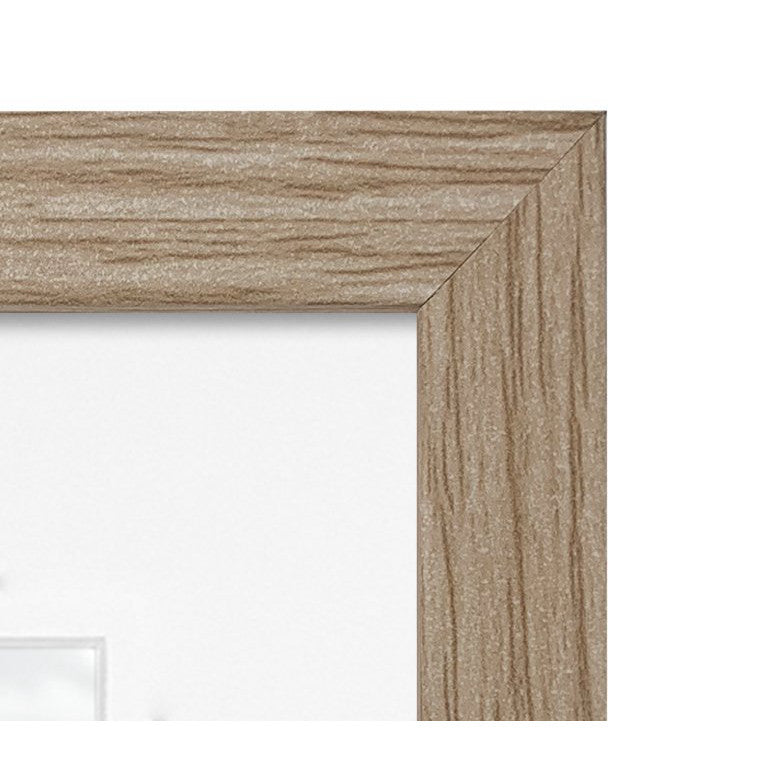 Close-up detail of natural wood frame corner showing beveled edge and wood grain texture against white background.