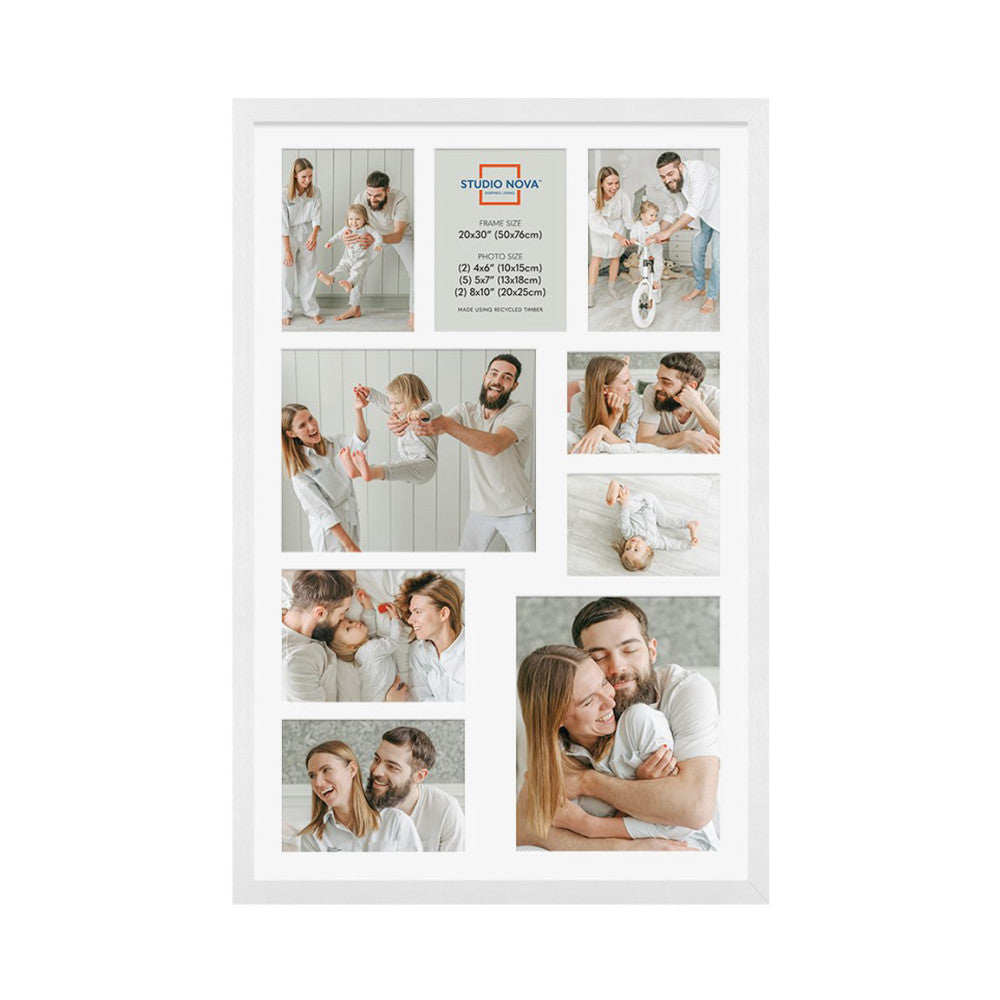 Front view of a white 20x30 frame displaying nine family photos of parents and children in casual moments and portraits.