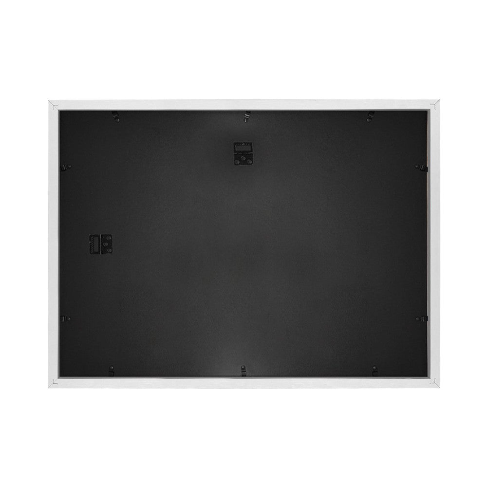 Rear view of a white frame showing black backing panel with mounting hardware and hanging brackets visible.
