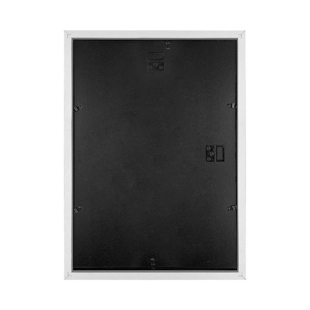Back view of a white-framed picture frame showing the black backing panel, hanging hardware, and mounting clips.