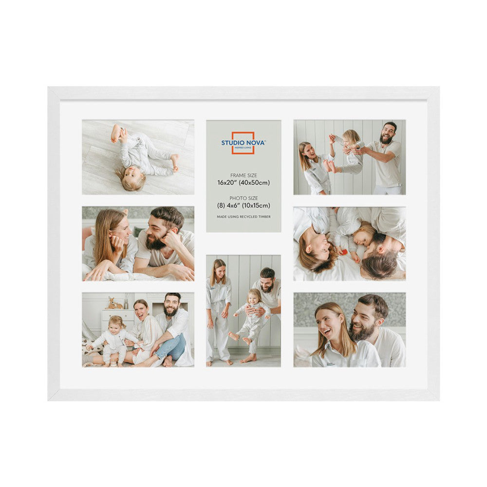 White multi-photo frame displaying nine 4x6 family photos arranged in a grid layout, showing couples and families in casual poses.