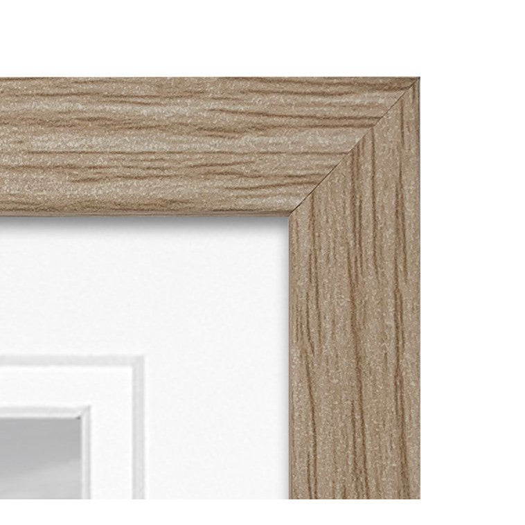 Close-up detail of natural wood frame corner showing wood grain texture and beveled edge design.