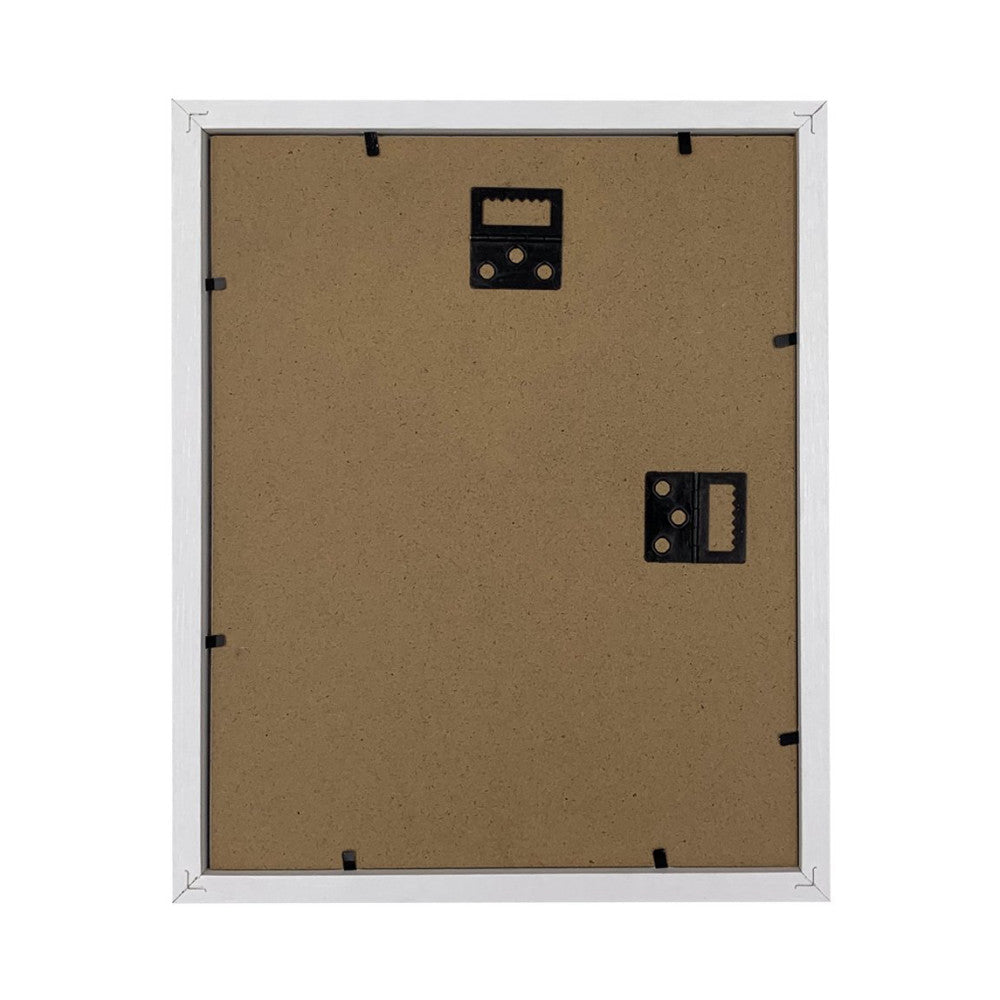 Rear view of white picture frame showing cork backing board with black metal hanging hardware and corner tabs.
