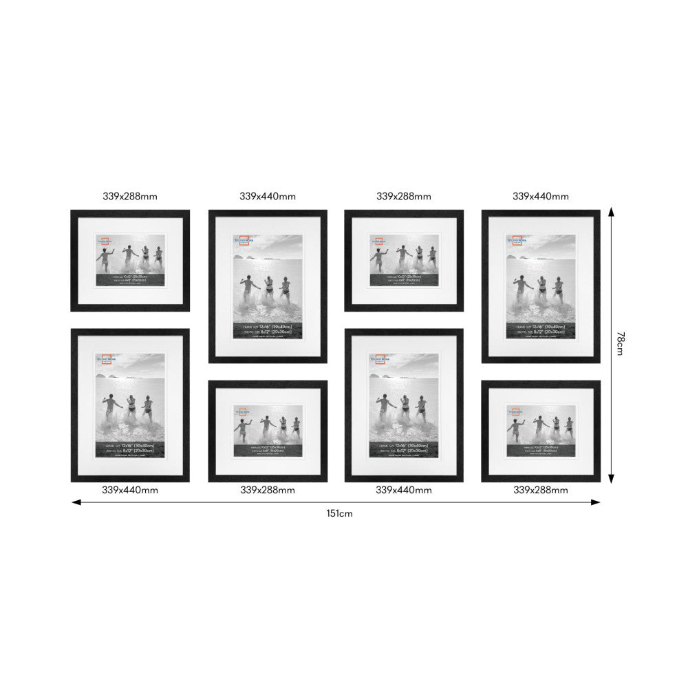 Eight black picture frames arranged in a grid layout showing various sizes and dimensions, displaying beach photos with white matting.