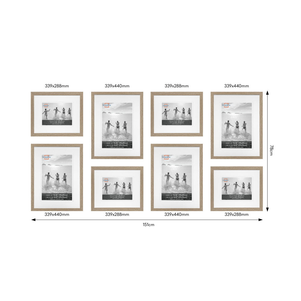 Eight wooden frames arranged in a gallery wall layout with black and white beach photos, showing frame dimensions and overall wall spacing of 151cm width and 78cm height.