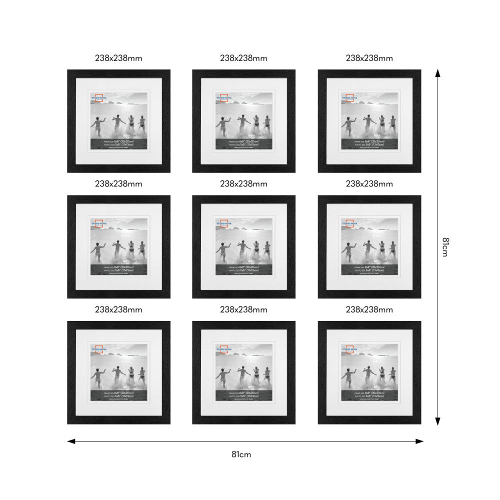 Nine black square frames arranged in a 3x3 grid layout showing dimensions of 238x238mm per frame and 81cm total width.