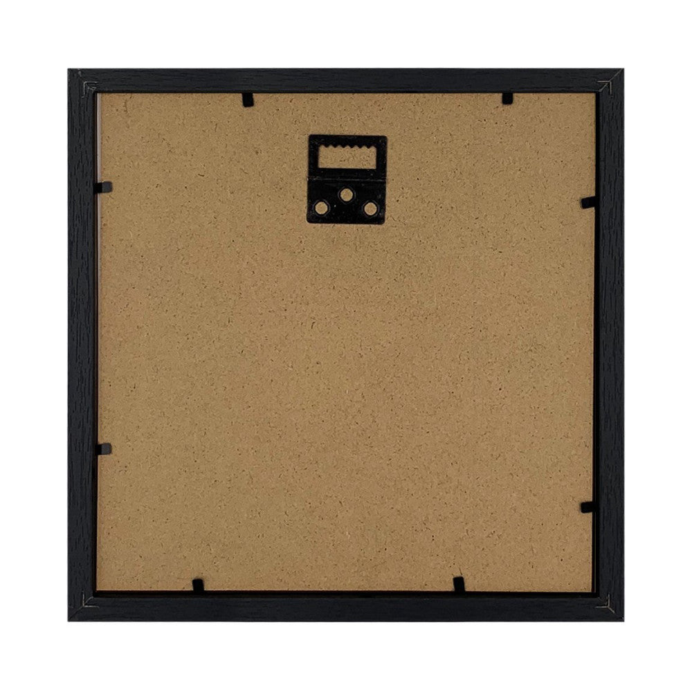 Back view of black frame showing cork backing board with metal hanging hardware and corner tabs.
