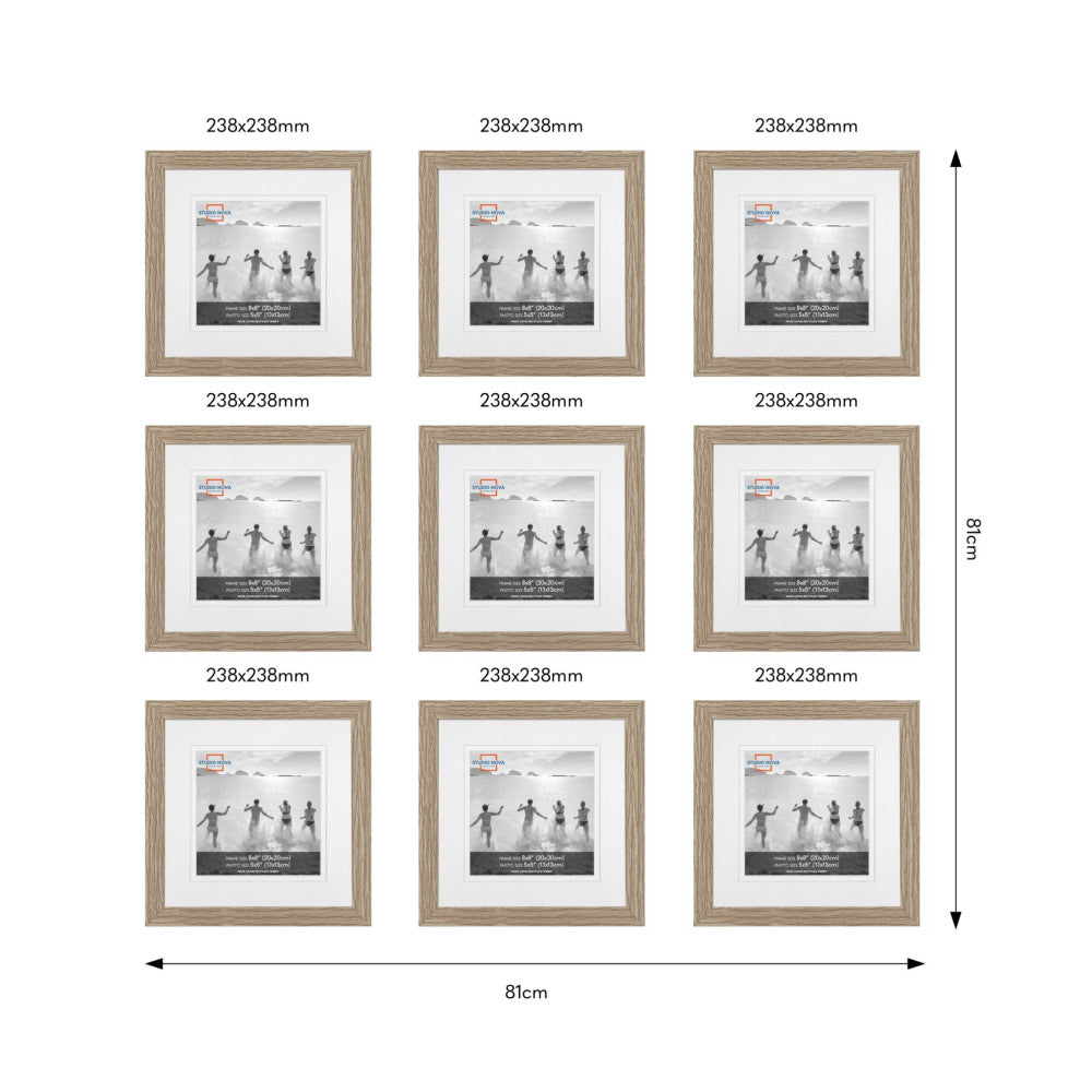 Nine wooden framed 238x238mm picture frames arranged in a 3x3 grid layout showing overall dimensions of 81cm width and 81cm height.