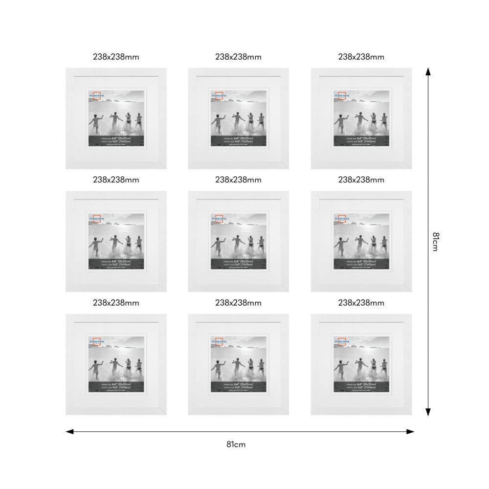 Nine white square frames arranged in a 3x3 grid layout showing dimensions of 238x238mm each frame and 81cm total width.