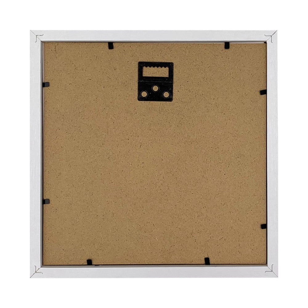 Rear view of a white picture frame showing cork backing with black hanging hardware and corner tabs.