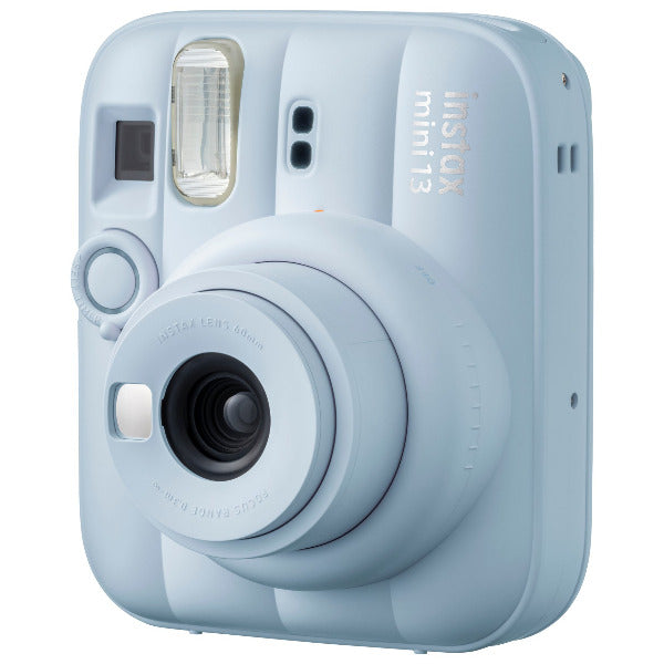 Light blue instant camera with 'Instax' branding on a white background