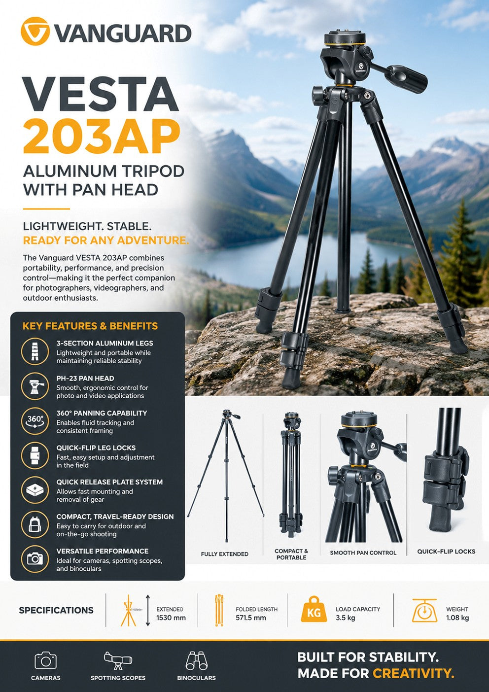Vanguard Vesta 203AP Tripod with PH-23 3-Way Pan Head