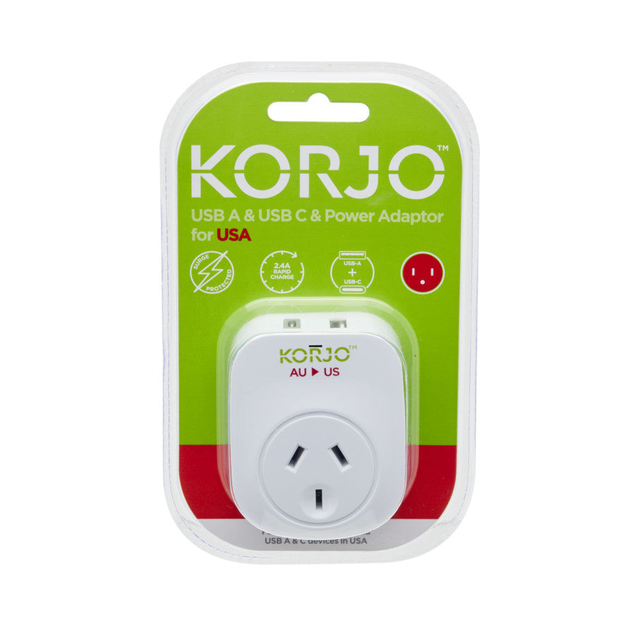 Korjo USB power adapter in packaging, showing front view of white adapter with Australian to US outlet conversion and dual USB ports.