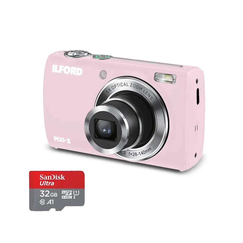 Ilford PIXI-Z Zoom Digital Camera Kit - Pink - Bonus 32GB Card