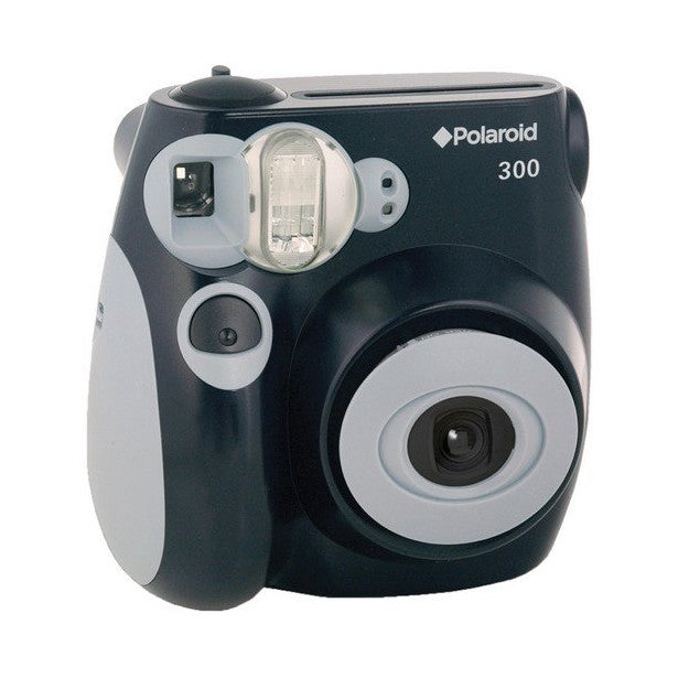 Front view of a black and white Polaroid 300 instant camera showing the lens, flash, and film compartment against a white background.