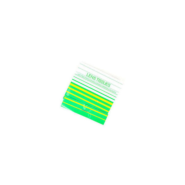 Stack of green and yellow lens tissue boxes fanned out at an angle, showing product labeling and packaging design.
