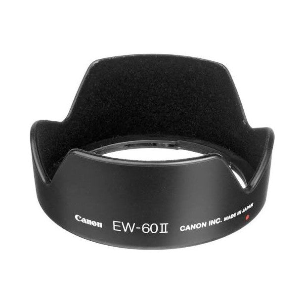 Black Canon EW-60 II lens hood shown from front angle, displaying the petal-shaped design with Canon branding visible on the lower barrel.