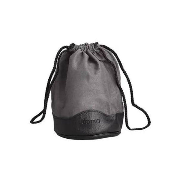 Gray and black drawstring lens case shown from front angle against white background, featuring dual shoulder straps and textured base panel.
