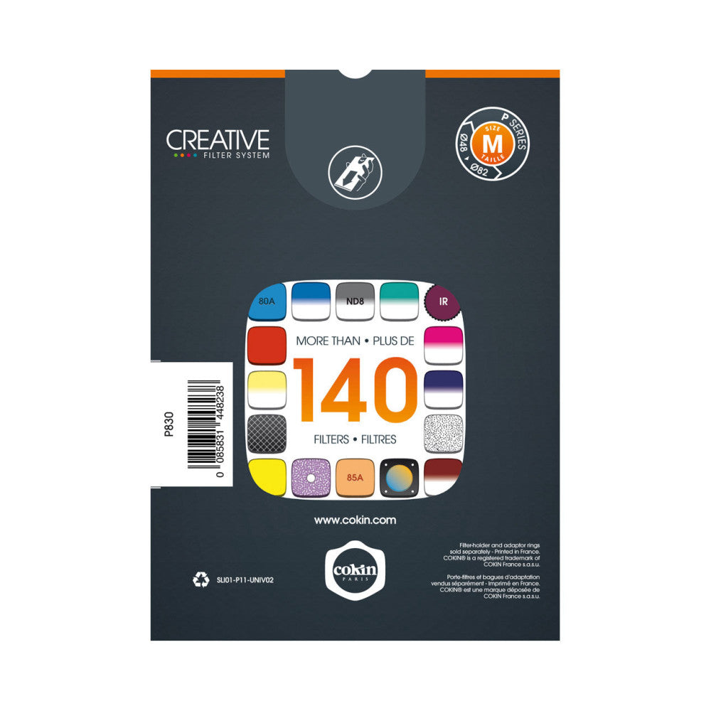 Cokin Creative Filter System packaging box front showing 140+ filters with size M designation and various color filter swatches displayed.