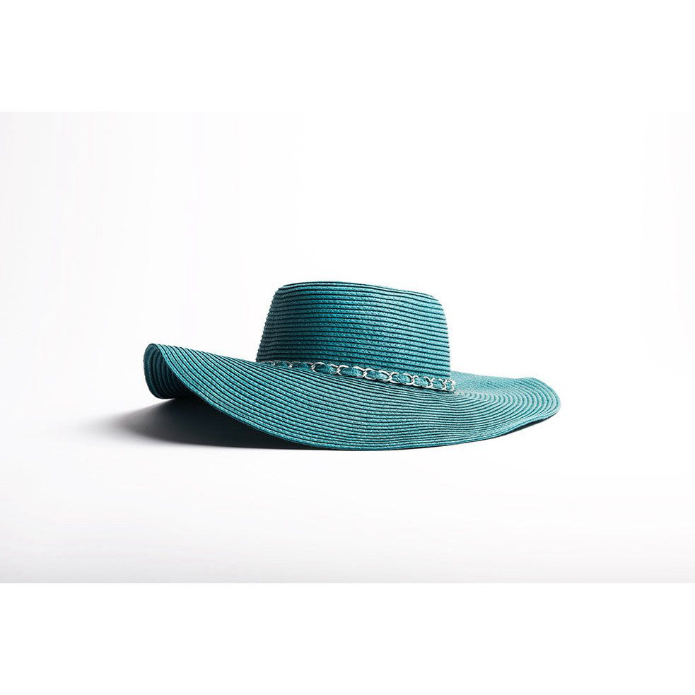 Teal wide-brimmed straw hat with chain band detail, displayed at an angle against a white background.