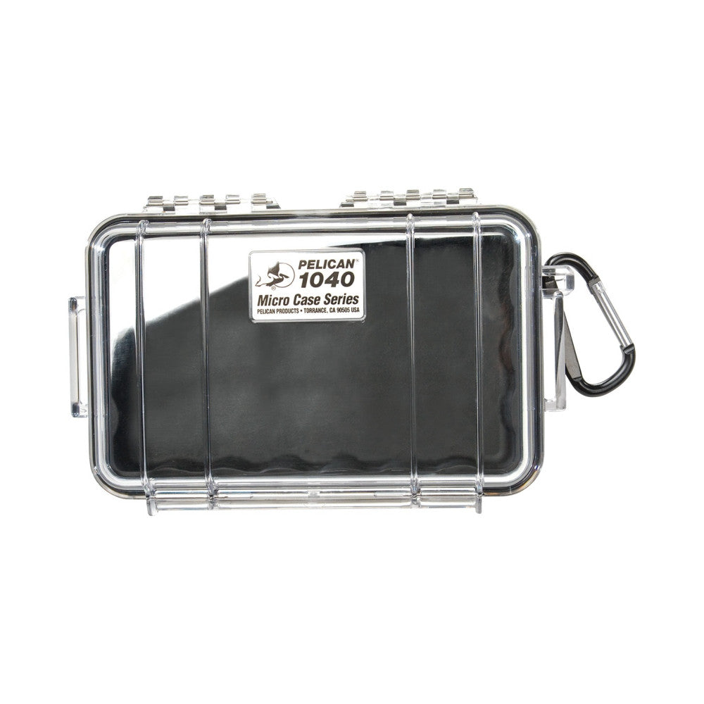 Pelican 1040 Micro Case shown from front angle with clear polycarbonate lid and black base, featuring carabiner attachment and metal latches.