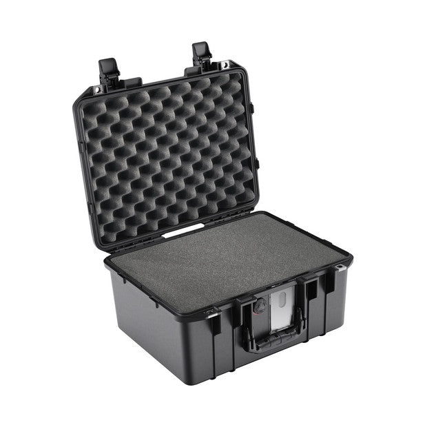 Open black Pelican 1050 Micro Case showing foam-lined interior with gray foam base insert and egg crate foam lid, front three-quarter view.