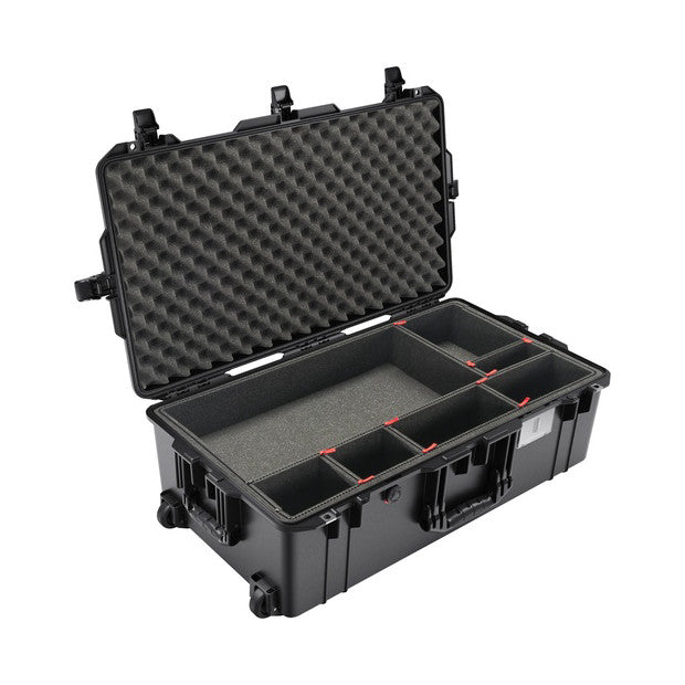 Open black Pelican case displaying foam-lined interior with removable dividers and compartments, shown at an angle from above.