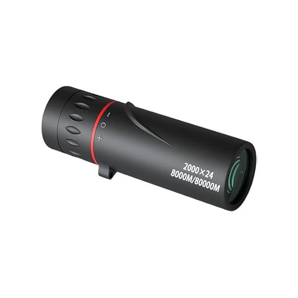 Black monocular telescope shown from side angle, displaying red accent ring, focus wheel, and specification text reading "2000x24 8000M/8000M