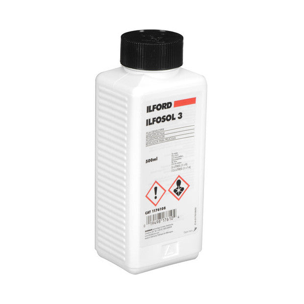 White plastic bottle with black cap showing front label for Ilford Ilfosol 3 developer, 500ml size, against white background.