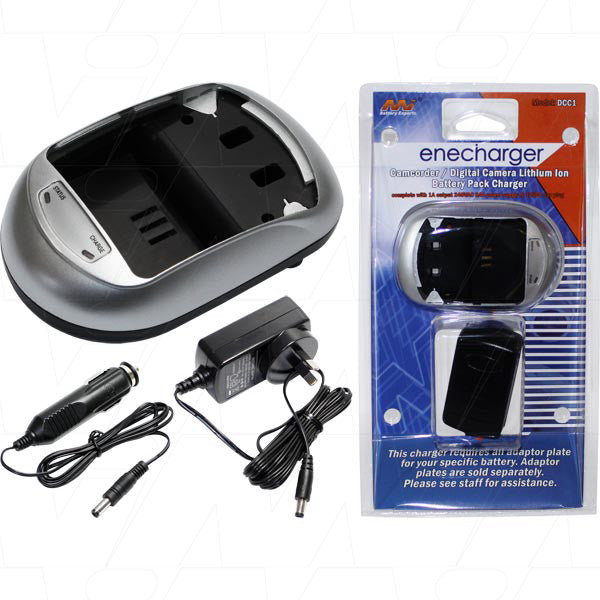 Enecharger DCC1 charger kit showing silver desktop unit, car and wall adapters, and retail packaging with two battery slots.